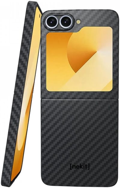 NEKIT Fiber Hoesje Geschikt voor Samsung Galaxy Z Flip 7 FE / 6 - Compatibel met MagSafe - Kevlar Aramidevezels 1500D - Back Cover Ultra Dun - Grijs/Zwart