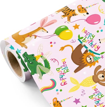 Cadeaupapier Kinderen - Inpakpapier Verjaardag - Cadeaus Verpakken - Dieren Safari Print - 432 cm x 5 m - Roze