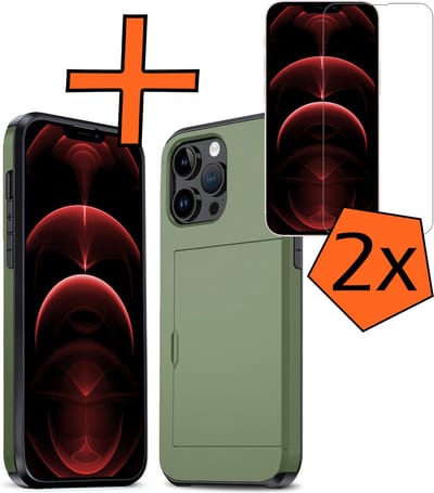 Hoesje Geschikt voor iPhone 14 Pro Hoesje Pasjeshouder Shockproof Hard Case Met 2x Screenprotector - Hoesje Geschikt voor iPhone 14 Pro Hoes Met Kaarthouder - Donkergroen