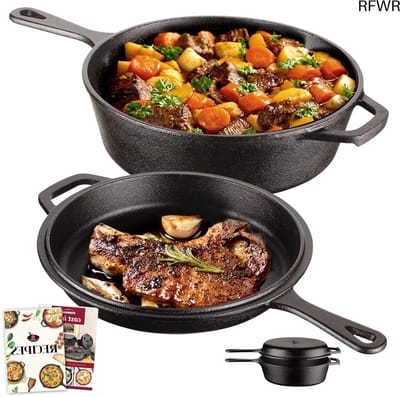 RFWR® Gietijzeren Pan met Deksel - Multifunctionele Braadpan voor Keuken, Camping en BBQ