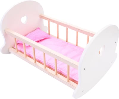 Poppenbed hout met schommelfunctie roze / wit geschikt voor poppen tot 46 cm - Poppencommode - Houten Poppenwieg - Met beddengoed en kussentje - Engelhart