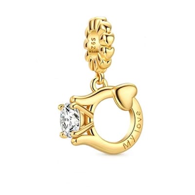 Fler® | Bedel | Past op populaire bedelarmbanden (standaard - 3mm) | Goudkleurige Verlovingsring Bedel | Hangbedel Charm | 925 sterling zilver | Transparante zirkonia | Armband Kraal | Valentijnsdag Cadeau | Sinterklaas kado | Kerstcadeau |Verjaardag