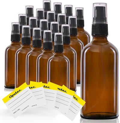 Oputec 20 x 100ml pompflessen – bruine glazen crèmespender & lotionspender – navulbaar & herbruikbaar – met etiketten – dicht & reisvriendelijk