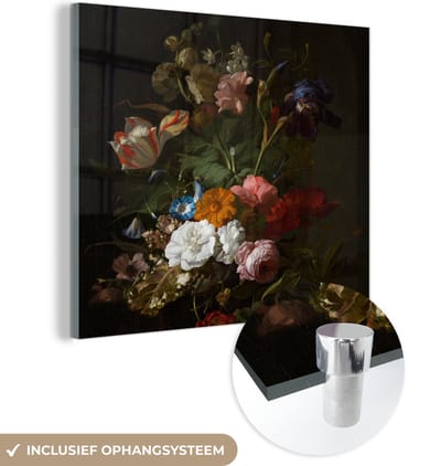 MuchoWow® Glasschilderij 50x50 cm - Schilderij acrylglas - Vaas met bloemen - Schilderij van Rachel Ruysch - Foto op glas - Schilderijen