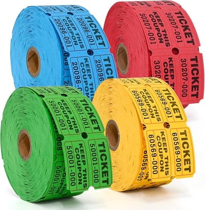 4000 Dubbele Rol Tickets - 4 Kleuren Set van 1000 Stuks (Blauw, Geel, Rood, Groen)