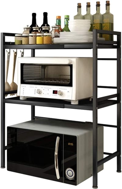 PIPIPOXER Uitschuifbaar Magnetronrek - met 2 niveaus,Magnetronkast - Keukenkast voor Magnetron - Aanrecht Organiser - Ovenkast - Keukenrek-Zwart