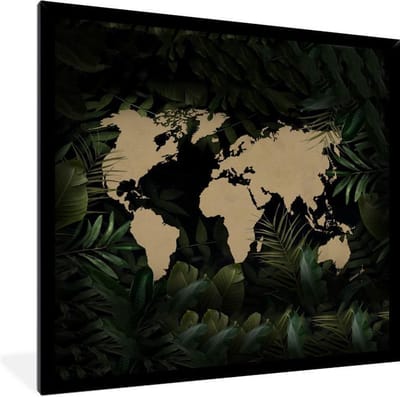Poster in lijst - Fotolijst 40x40 cm - Posters - Wereldkaart - Bloemen - Tropische planten - Posterlijst zwart - Decoratie - Wanddecoratie woonkamer - Muurdecoratie slaapkamer
