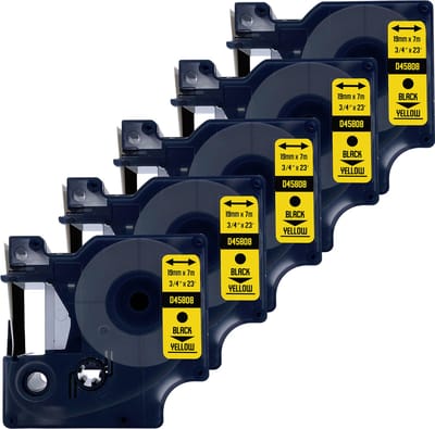 DULA Dymo D1 45808 - S0720880 - Compatible label tape - 5 lettertapes - Zwart op geel - 19mm x 7m