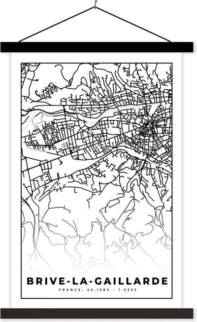 Posterhanger incl. Poster 40x60 cm - Schoolplaat - Kaart - Brive-la-Gaillarde - Plattegrond - Frankrijk - Stadskaart - Zwart wit - Textielposter - Zwarte latten - Stadskaart