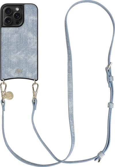 AVY Hoesje Geschikt voor Apple iPhone 15 Pro Max | Compatibel met MagSafe | Kunstleren Case met Telefoonkoord | Crossbody | Denim | Long Denim