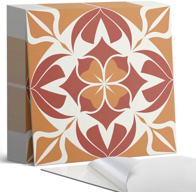 Coloray Plaktegels - Symmetrisch plantenpatroon Zelfklevende Tegels - 20 cm x 20 cm - Oranje Plaktegels - 20 stuks - Vierkant PVC Tegels - Plaktegels Badkamer - Plaktegels Vloer - Vinyltegels Vloer Zelfklevend - Wandtegel Zelfklevend