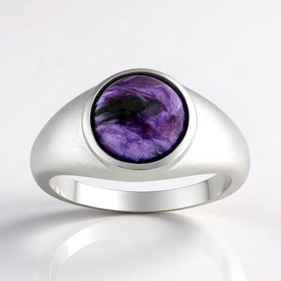 Cavill - 925 Sterling Zilveren Ring - Russische Charoiet Ronde Cabochon 1,79 ct - Gerhodineerd - Elegante Damesring - Edelstenen Sieraad