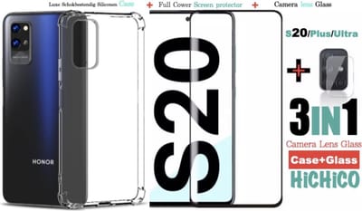 Samsung Galaxy S20 Hoes (Shock Proof Siliconen Case) + Screen protector Tempered Glass  Full Cover 3D Edge + camera lens Glass - Glass - Glazen bescherming 3IN1 van HiCHiCO