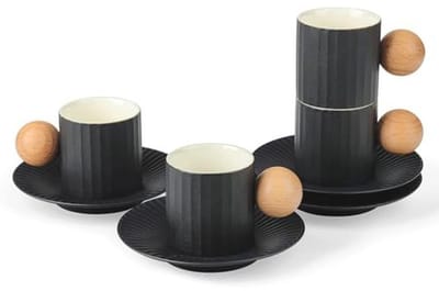 Set van 4 Zwarte Keramische Koffiekopjes met Houten Handvat