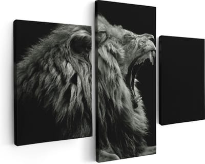 Artaza Canvas Schilderij Drieluik Brullende Leeuw - Leeuwenkop - Zwart Wit - 90x60 - Foto Op Canvas - Canvas Print