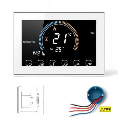 Wifi Inbouw Thermostaat | Inbouw | Wifi | Touchscreen | 4 draads aansluiting | Temperatuurbereik 0-40 | Tuya app | Google Home Alexa | Wit