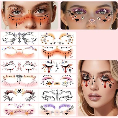 12 stuks Wegwerp Halloween Huidskleur Tattoo Handig Langwerkend Wang Tijdelijke Stickers Angstaanjagend Waterbestendig beige