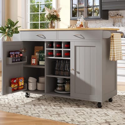 BLACKCOLORS Modern keukeneiland (102 × 45 × 92 cm), keukenkast, buffetkast, serveerwagen met houtnerf, buffetkast, multifunctionele eettafel met opbergruimte, grijs