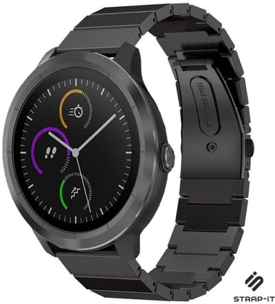 Metalen bandje geschikt voor Garmin Vivoactive 3 / Vivoactive 5 / Garmin Vivomove HR / Garmin Venu / Venu SQ / Forerunner 245 / 570 - 42mm bandje staal - Stalen bandje RVS metaal schakels - Schakelbandje quick-release - Zwart
