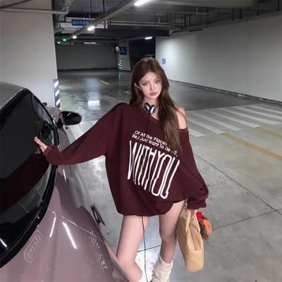 Sweatshirtjas met letterprint en schuine schouder met lange mouwen voor dames in de herfst Amerikaanse hete meisjes los design veelzijdige pullover top XXL gray