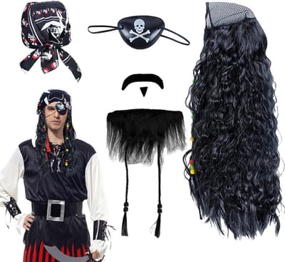 4-delige Zwarte Piraten Kostuumset voor Volwassenen en Kinderen met Piratenhoed, Baard en Ooglapje voor Halloween en Carnaval