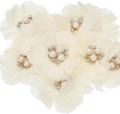 PATIKIL 5.8cm Rhinestone Pearl Chiffon Flower, 10 Pieces Sewing Fabric Appliques for DIY Craft Clothing Headbands Wedding Party Decoration, Beige