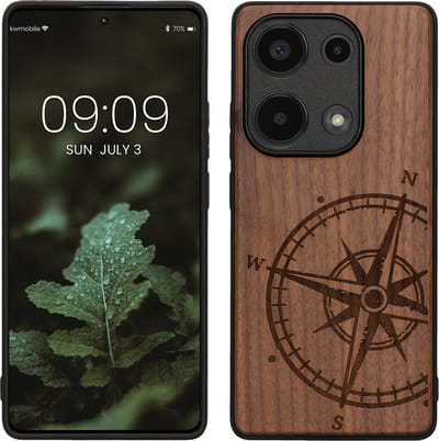 kwmobile telefoonhoesje geschikt voorXiaomi Redmi Note 13 Pro 4G - Hoesje met bumper - hout - In donkerbruin Vintage Kompas design