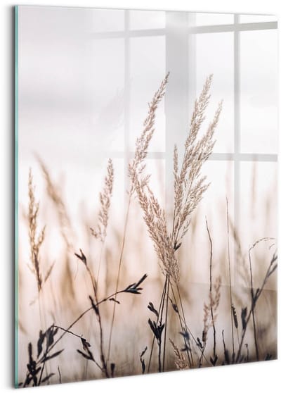 Wallfluent Glasschilderij - Natuurlijke grasstijl in boho-stijl Foto Glas - 60x80 cm - Beige Verticale Muurschildering - Natuur Foto Schilderij Op Glas - Foto In Glas - Foto Op Glas