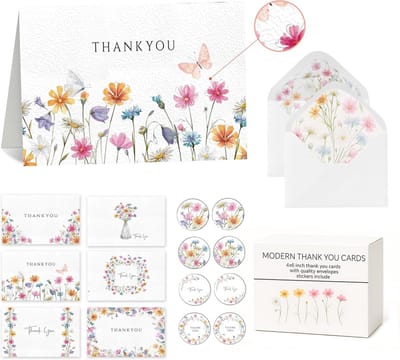 60 professionele bedankkaarten set met enveloppen en stickers - 6 florale motieven in reliëf (4x6 inch) - dankkaarten voor leraren, klanten en alle gelegenheden in bulk