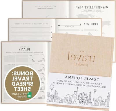 My Travel Journal for Women, Men (210 pagina's, zand) - Avontuurboek voor 15 wereldreizen met gratis reisplanner Google Sheet - Ultieme bucketlist Journal & Reiscadeau.