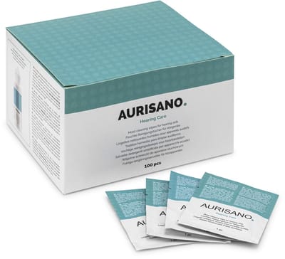 AURISANO Reinigingsdoekjes Gehoorapparaten – 100 Vochtige Doekjes per stuk verpakt – Verwijdert Vuil en Oorsmeer – 100% Biologisch Afbreekbare Vochtige Doekjes - Gecertificeerd voor het Reinigen van Hoortoestellen