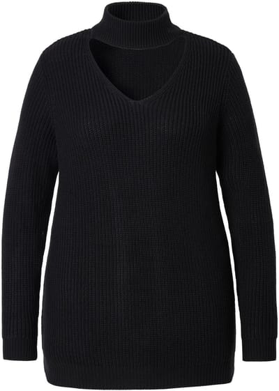 MIAMODA - Dames - Pullover regular fit V-hals met choker - Zwart - Maat 54+