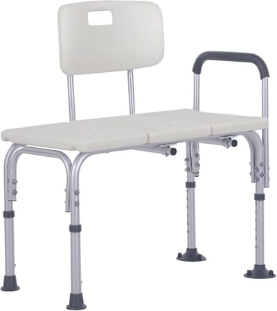 In hoogte verstelbare douchestoel met rugleuning en armleuningen, antislip voetpads, 136 kg belasting, aluminium frame