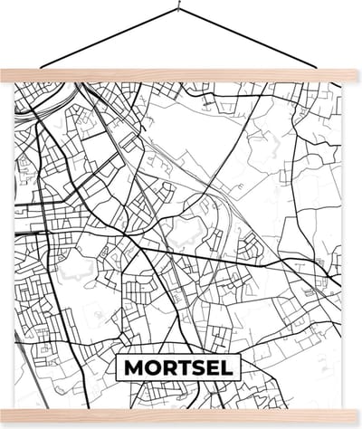Posterhanger incl. Poster 40x40 cm - Schoolplaat - Stadskaart – Plattegrond – België – Zwart Wit – Mortsel – Kaart - Textielposter - Blanke latten - Stadskaart