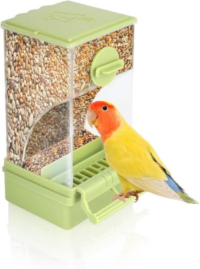 VHV-Automatische Vogelvoerbak voor in de Kooi - Anti-Knoei Voedersysteem met Zitstok - Transparante Voederbak voor Parkieten Valkparkieten en Kanaries - Duurzame Vogelkooi Accessoires - Groen