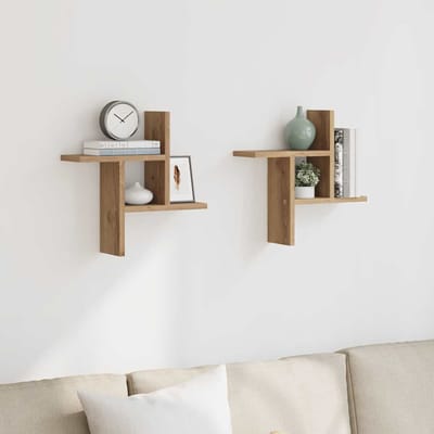 vidaXL - Wandschappen - 2 - st - 38x12x38 - cm - bewerkt - hout - artisanaal - eiken