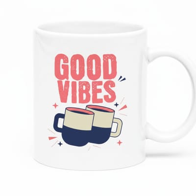 Good Vibes Mok 330ml – Witte Koffiemok met Retro Ontwerp – Positieve Quote Cadeau voor Koffieliefhebbers