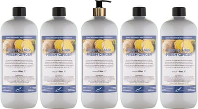 Body & Hair Fresh Ginger 1 liter met gouden pomp - set van 5 stuks - 2 in 1 voor lichaam en haar - voordeelverpakking