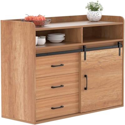 HOMAVO HG1-S Buffetkast – Moderne Opbergkast met Lades & Deur – 107×80×40 cm – Wit / Vintage Bruin / Eiken – Voor Eetkamer, Hal of Kantoor