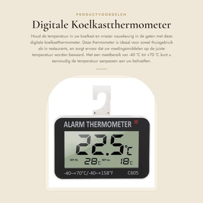 Dailygoods - Digitale Koelkastthermometer - Temperatuurmeter met Alarm - LCD Scherm - Geschikt voor Koelkast en Vriezer - Nauwkeurige Metingen - Eenvo...