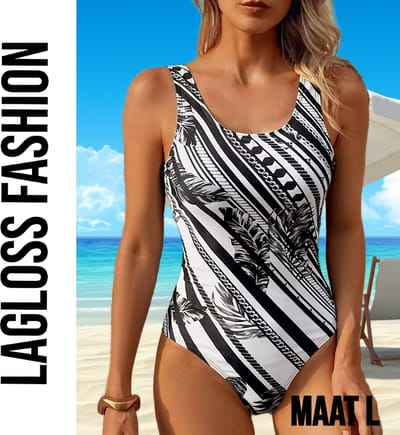 LaGloss® Minimalistisch Dames Zwart Wit Badpak met Palmblad Print - Vierkante Hals Zwart Wit Gestreept - Open Rug – Maat L