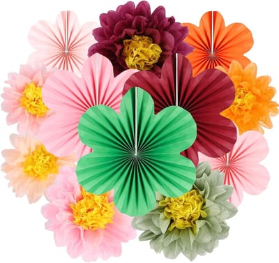 Papieren Decoratie Set - Bloemen en Pompoms - Feestelijke Aankleding - Milieuvriendelijk Materiaal - 12 Stuks - Rood Groen