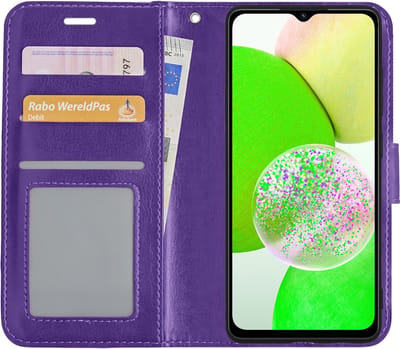 Hoesje Met Pasjeshouder - Geschikt voor Samsung Galaxy A14 - Luxe Bookcase Portemonee - Flip Case - Kunstleer Book Case - Flipcase - Book Cover - Walletcase - Portemonneehoes - Paars