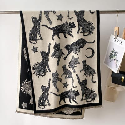 Winter Vrouwen Schattige Kattenprint Sjaal Luxe Design Dubbelzijdig Kasjmier Sjaal Dikke Warme Sjaal Deken Bufanda Poncho Stola's 66X186cm gray