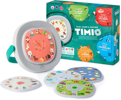 TIMIO Player Starter Kit + 5 Discs – Educatieve Audio-Speler 2–6 jaar | Oplaadbar | Kinderliedjes, Verhaaltjes & Quizvragen | Leert Letters, Kleuren, Getallen, Dieren | 8 Talen (NL/FR/EN/DE...)