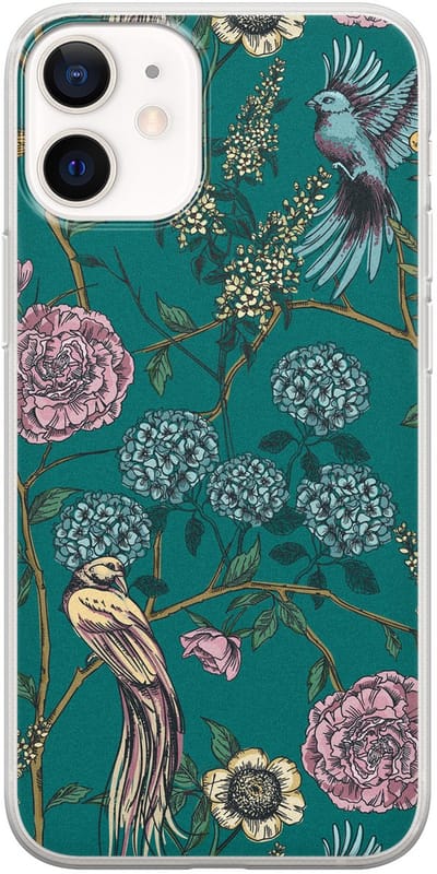 Hoesje geschikt voor iPhone 12 Mini - Vogels Japanse bloemen - Soft Case - TPU - Bloemen - Blauw - Mooie Telefoonhoesjes