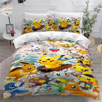 Anime Pokemon Pikachu Beddengoed Set Dekbed Dekbedovertrek Dekbed Beddengoed Twin Enkel King Kinderen Volwassenen Cadeau US Full(200*230cm)3pcs
