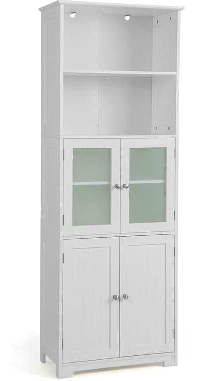 COSTWAY Badkamerkast met glazen deuren, 2 open vakken en verstelbare planken, hoge badkamerkast, opbergkast voor badkamer, keuken, woonkamer (Wit)
