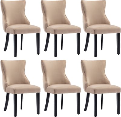 Welltin Eetkamerstoelen - Set van 6 - Eetkamerstoel - Keukenstoel - Eettafelstoel - Stoel - Fluweel - Houten Poten - Scandinavisch design - Beige
