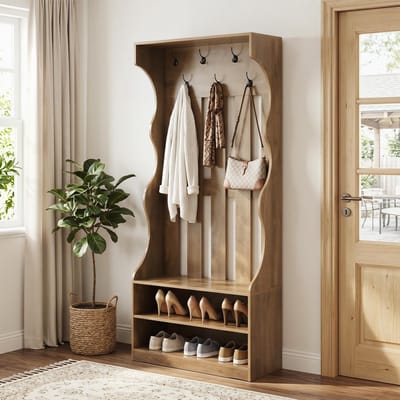 LITTLE TREE 3-in-1 Kapstok - Schoenenopbergbank - Bruin - Landelijk - 80 x 30 x 180 cm - 7 Haken + 2 Opberglagen - Voor Entree En Slaapkamer